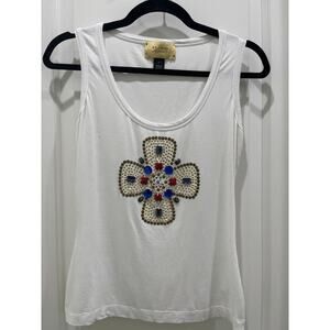 St. John Jeans Vintage White Tank With Studded Cross Detail Sz Small Petite